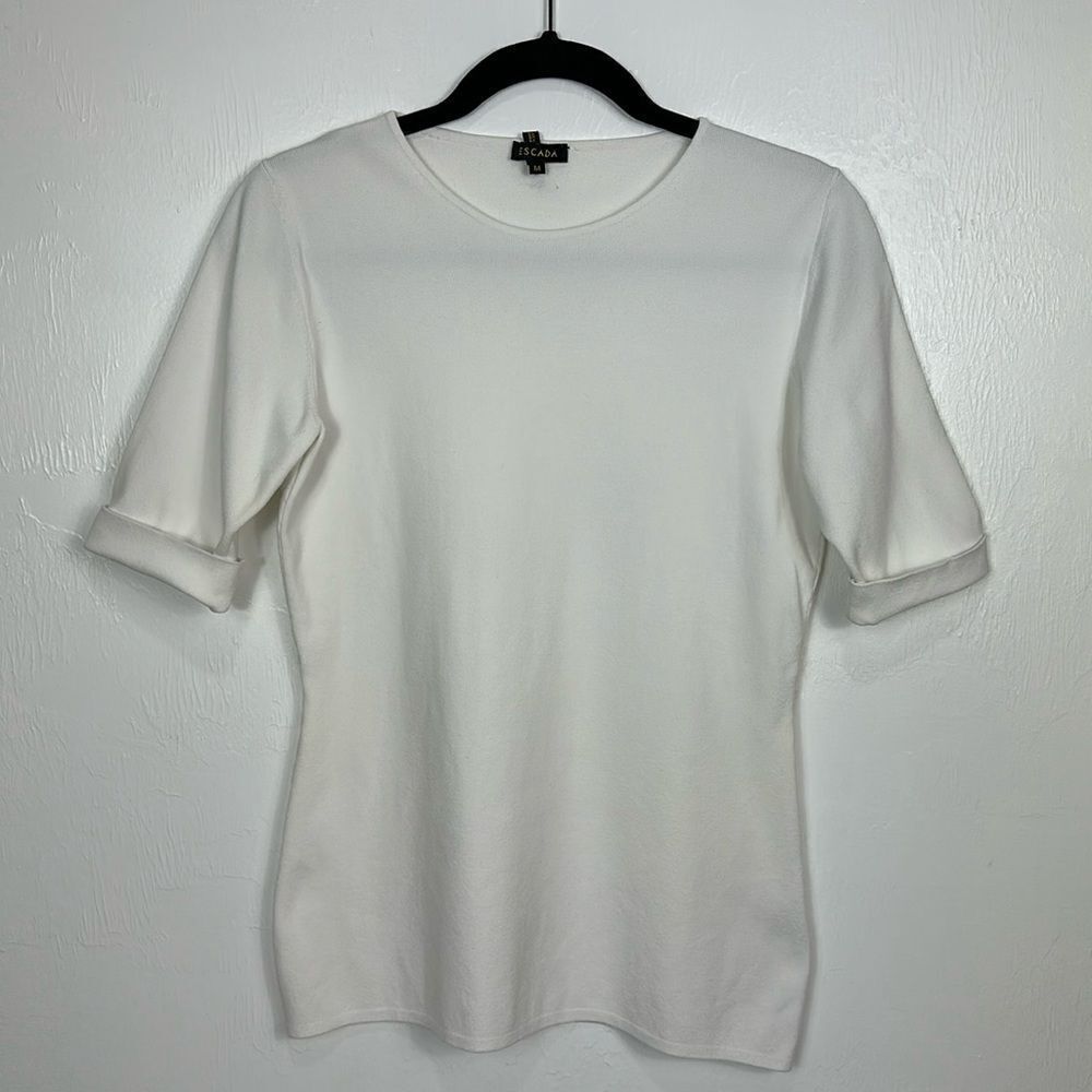Escada White Short Cuffed Sleeve Crew Neck Top Size M